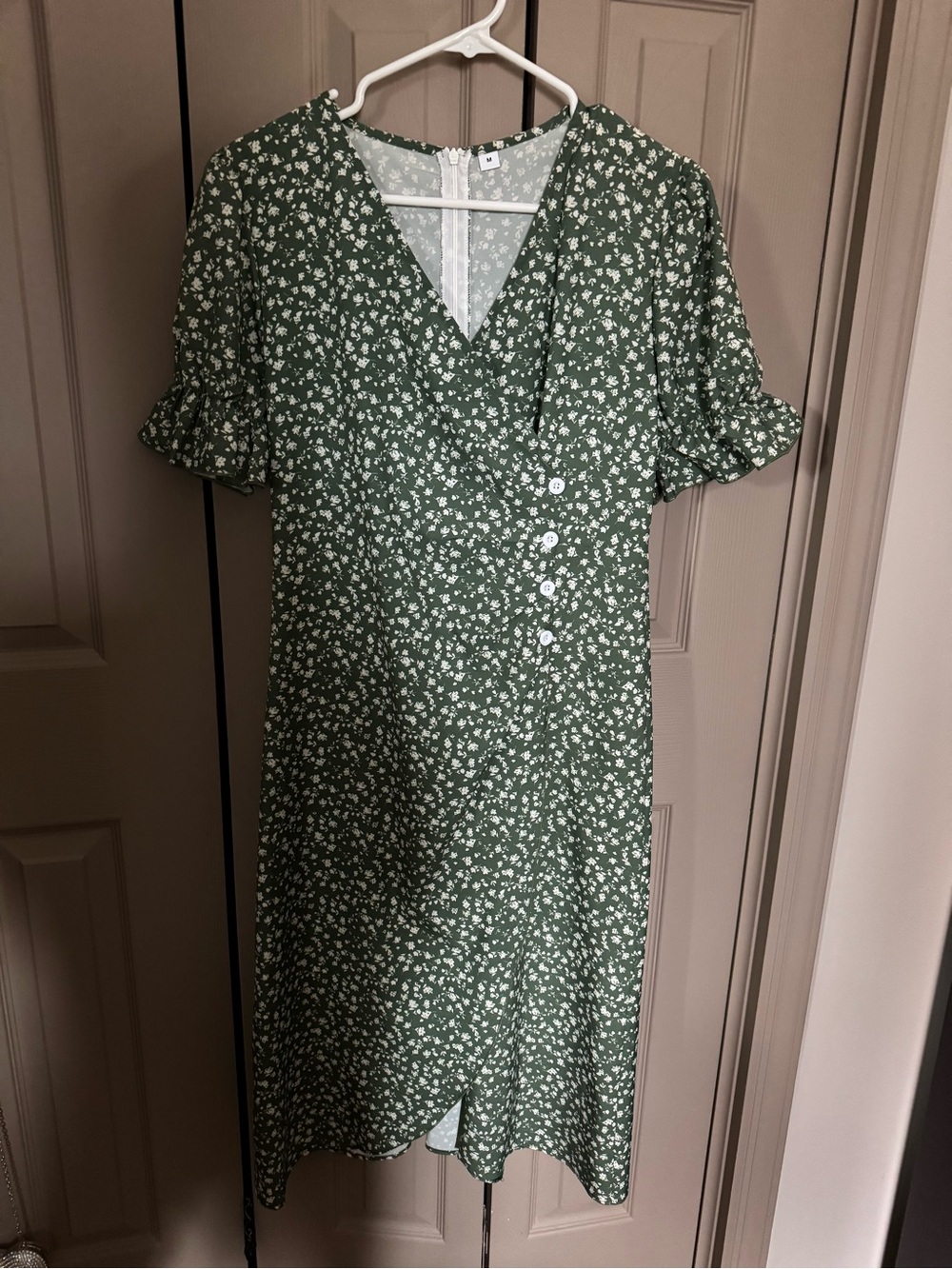 Green Floral Midi Wrap-Style Dress with Button Detail